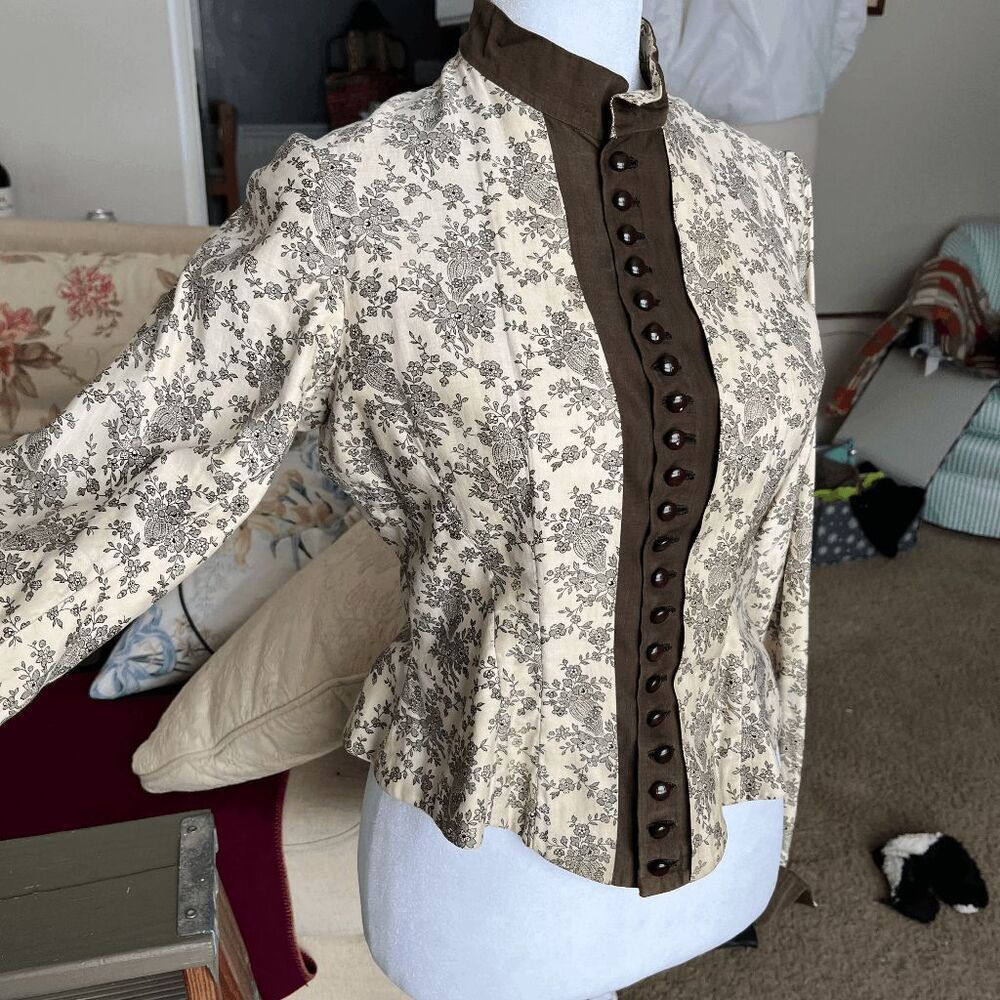 Antique Victorian Edwardian Bodice Jacket Floral Toile Waist Stay Blouse - Picture 12 of 16